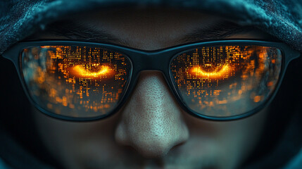 Close-up of a hooded figure with glowing eyes reflected in glasses displaying digital code.