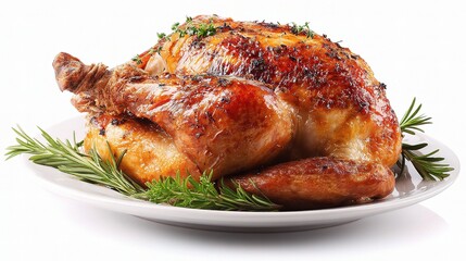 Golden Brown Roasted Turkey on Plate with Herbs and Garnish