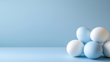 Five pastel blue eggs are stacked together on a smooth, light blue surface with a minimalist background.