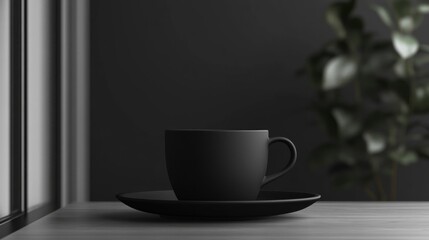 Obraz premium Black Coffee Cup on Dark Wood Table Minimalist Still Life