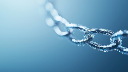 A metallic chain link with water droplets is shown in close-up against a blue blurred background.