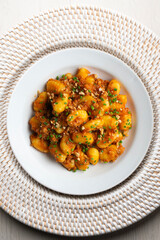 Dish of Italian gnocchi with tomato and meat Bolognese sauce. Top view table.