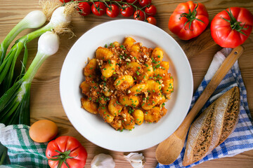 Dish of Italian gnocchi with tomato and meat Bolognese sauce. Top view table.
