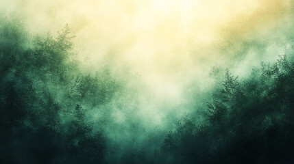 Misty forest landscape with sunlit canopy.