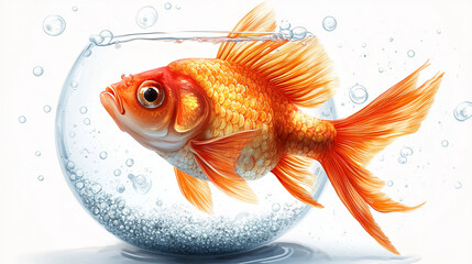 Orange goldfish in a round glass bowl with bubbles.
