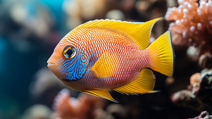 Close-up of a vibrant orange and yellow fish swimming in a coral reef aquarium.