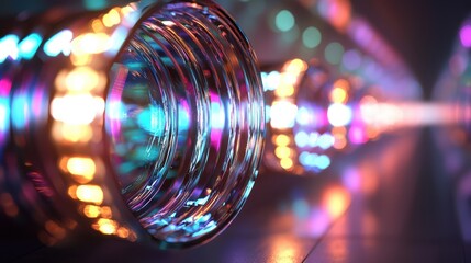 A close-up of colorful camera lenses with vibrant bokeh lights reflecting on their surfaces.