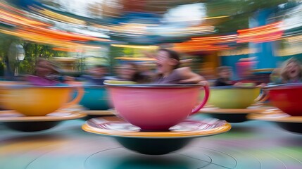 Riding Spinning Teacup Amusement Ride with Blurry Motion