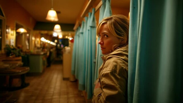 Woman standing near privacy curtains in brightly lit diner looks over shoulder with concerned expression in low light setting