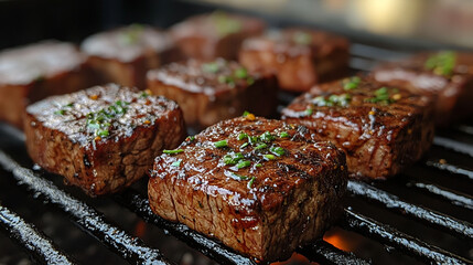 Close-up of seasoned, grilled beef cubes on a barbecue grill.