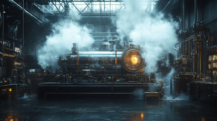 Steam-powered engine in a large, industrial, steampunk-style factory.