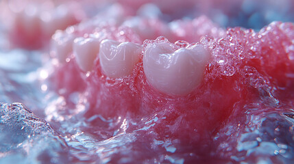 Close-up view of dental prosthesis, artificial teeth, and gums covered in a translucent, textured substance.