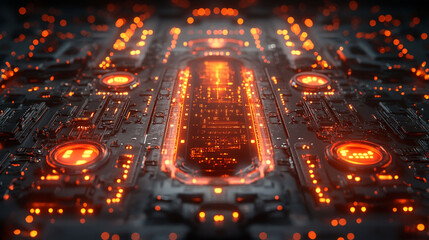 Futuristic glowing circuit board with intense orange lights.