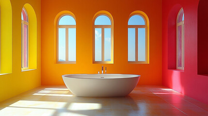 Colorful bathroom with arched windows and a freestanding bathtub, bathed in sunlight.