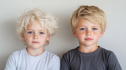 Two young boys, similar in age and features, with contrasting hair colors, facing forward and looking directly at the camera.  A light-haired boy with a curly style,