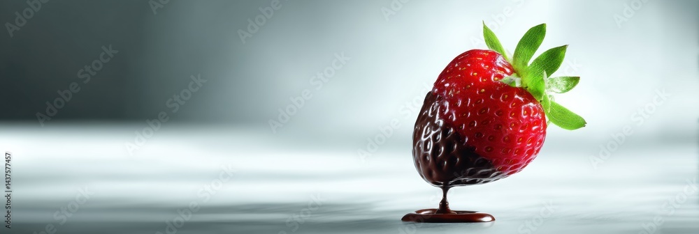 Poster chocolate dipped strawberry floating in mid-air under studio lighting with soft shadows