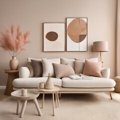  Soft toned interior with abstract art fluted side table and cozy sofa with ceramic decor 