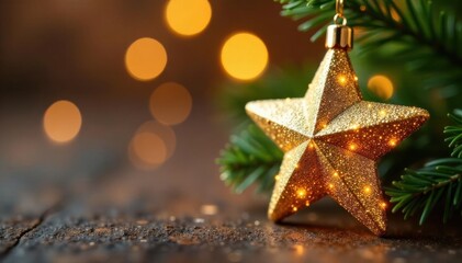 Glittering gold star ornament, warm festive background , sparkle, happy, holiday spirit