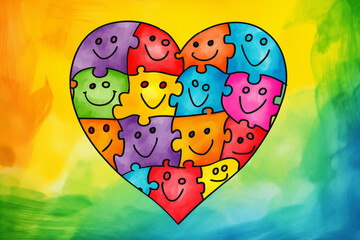 Hand-drawn puzzle heart crayon-style heart puzzle on pastel background, with happy faces on some pieces, Children’s Theme,  perfect for school or kids' charity campaigns.