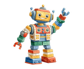 Fototapeta premium A colorful, whimsical robot toy designed for kids, showcasing creativity and playfulness, perfect for educational materials and children's products.