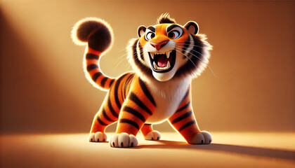 A stylized 3D cartoon tiger standing on all fours with a fierce but playful expression