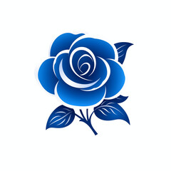 A stylized blue rose flower head and leaf turned into a small icon or label element, minimal and modern.