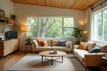 Fototapeta premium Neutral-toned Living Room with Round Coffee Table and Large Windows Framing a Lush Green Tree, Inviting Comfort and Natural Light 