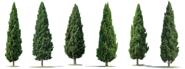 Set of tall evergreen cypress trees, isolated on transparent background
