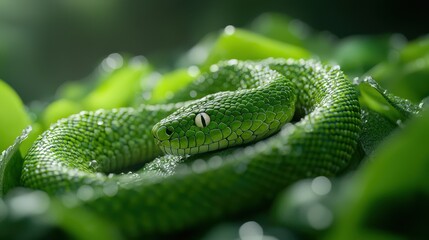 Obraz premium A vibrant green snake is coiled among lush leaves, blending seamlessly with its natural environment.