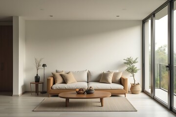 Cozy Living Room Interior: Minimalist Sofa, Round Coffee Table, and Abundant Natural Light from Large Windows, Creating a Serene Home Space.          