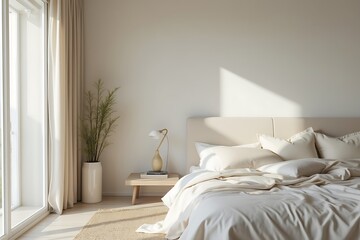 Neutral Bedroom Interior with Beige Bedding and Wooden Nightstand in Soft Morning Light                                                               