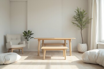 Minimalist Dining Area: Light Wood Table and Benches in Bright, Neutral Room.                                                                         