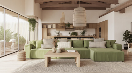 Modern green living room with natural decor.