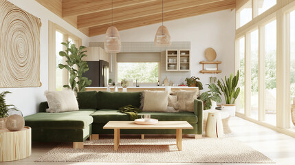 Cozy modern living room with green sofa.