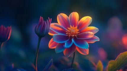 Fototapeta premium Vibrant Dahlia Bloom in Dark Garden Setting