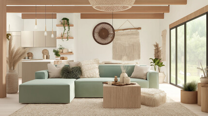 Modern living room with stylish decor and plants.