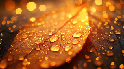 Autumn leaves with water droplets, illuminated by warm light.