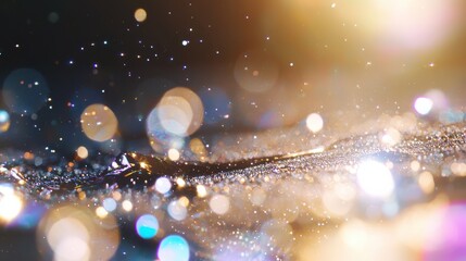 Shimmering water drops illuminated by colorful bokeh lights, creating a dreamy and magical abstract effect.