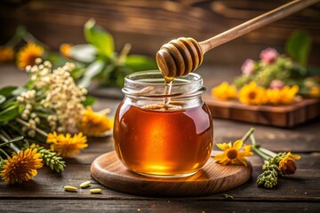 Golden Honey Dripping from Dipper into Jar