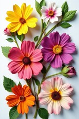 Pressed flower collection, assorted colors, studio shot, close-up, vintage, isolated