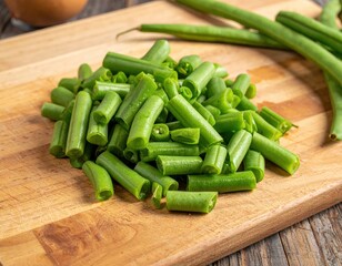 Fototapeta premium Dynamic Cutting Board Scene with Chopped Green Beans 