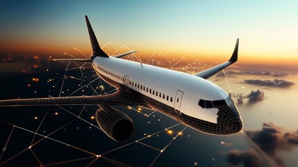 Fototapeta premium Airplane Flight Above City Dusk