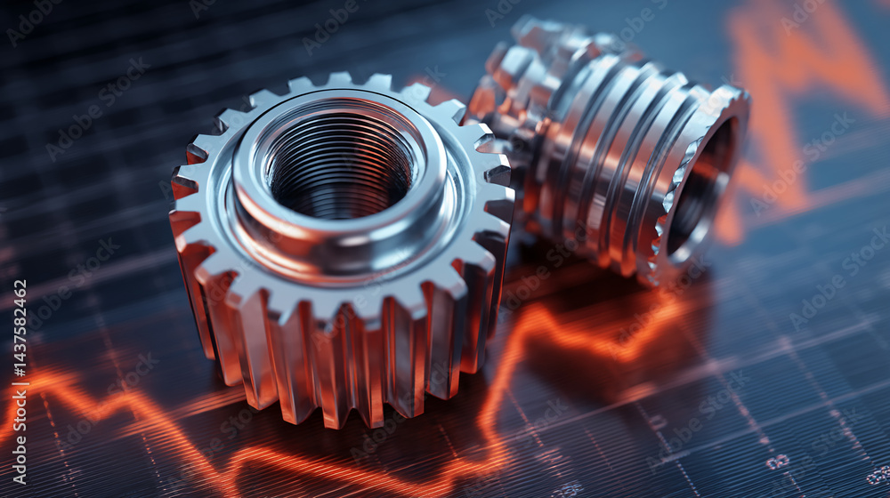 Poster close-up of metallic gears on a graph, showcasing intricate detail and industrial design, symbolizin