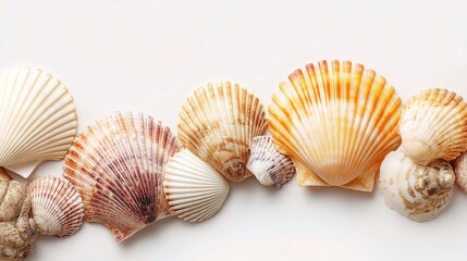 Tropical Seashells Arranged in an Arc Pattern on White Background