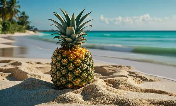 A pineapple sits on a sandy beach against a backdrop of a tropical sea.