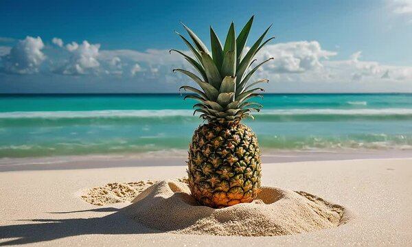 A pineapple sits on a sandy beach with blue water and sky background