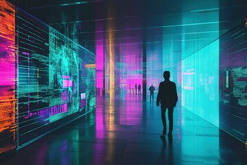 Futuristic corridor with digital displays