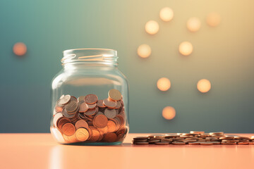 A close-up of coins dropping into a transparent savings jar on soft pastel background, minimal design with focus on small steps leading to financial growth.