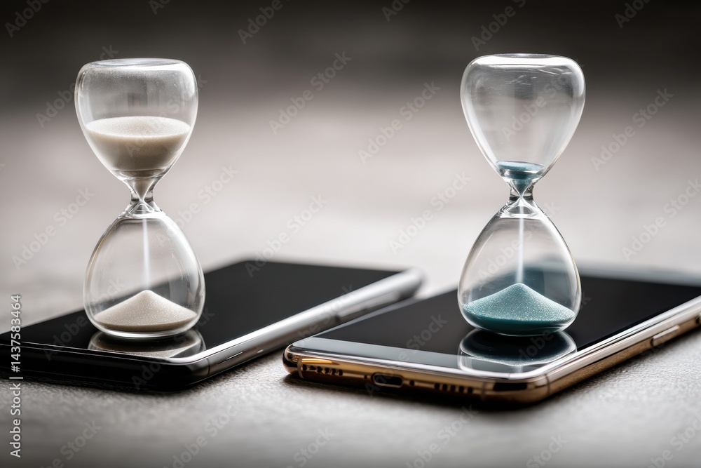 Poster old smartphone and new smartphone side by side with hourglasses illustrating technological evolution