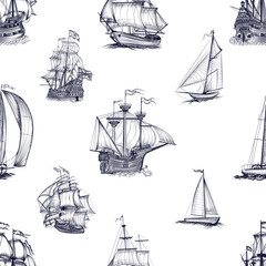 Seamless vector pattern featuring a variety of ships in detailed, clean line art. Perfect for nautical-themed designs, fabrics, packaging, and wallpapers.